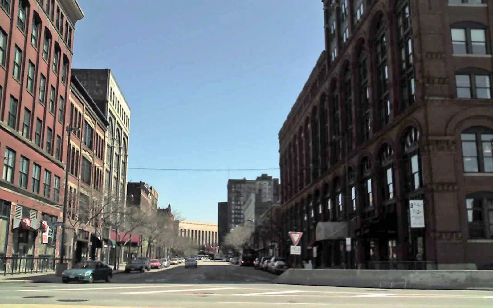 Historic warehouse buildings in downtown urban district showing industrial heritage architecture